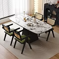 Modern Oval Marble Dining Table Set With Four Green Upholstered Chairs On Area Rug 3d model