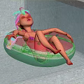 Pink Haired Figure Relaxing On Watermelon Inflatable Float In Blue Pool With Drink