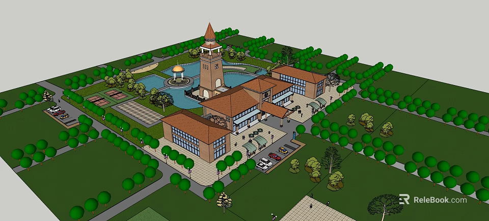 Scenic Architectural Complex Featuring Tower Central Fountain Greenery And Parking Lot 3d model 