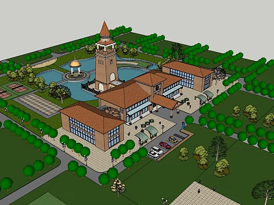 Scenic Architectural Complex Featuring Tower Central Fountain Greenery And Parking Lot 3d model
