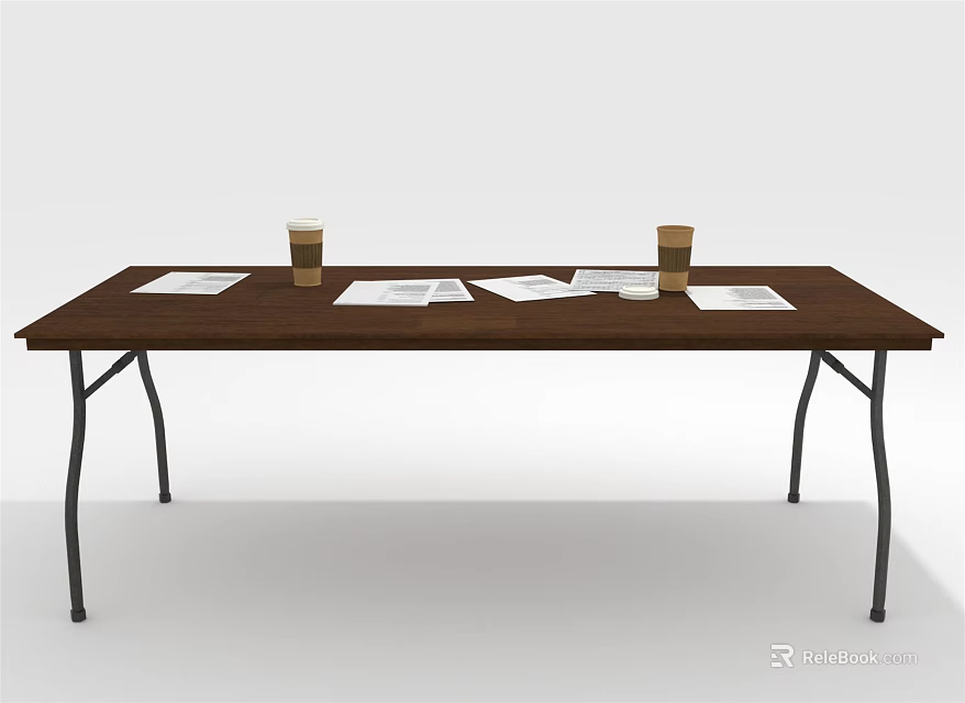 Brown Office Desk With Two Cups Of Coffee And Several Papers On Top 3d model 