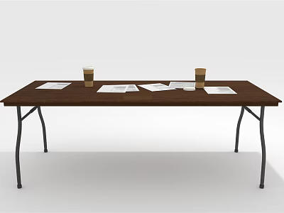 Brown Office Desk With Two Cups Of Coffee And Several Papers On Top 3d model