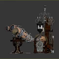 Vintage Decorative Items Collection With Telescope Clock Globe Chandelier Cabinet And Lantern