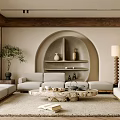 Warm Living Room Interior Design With Beige Sofas Arched Niche Shelf And Neutral Rug