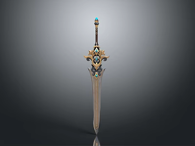 Ornate Sword With Blue Gemstones Golden Decorations Green Gem Hilt And Intricate Design 3d model