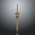 Ornate Sword With Blue Gemstones Golden Decorations Green Gem Hilt And Intricate Design