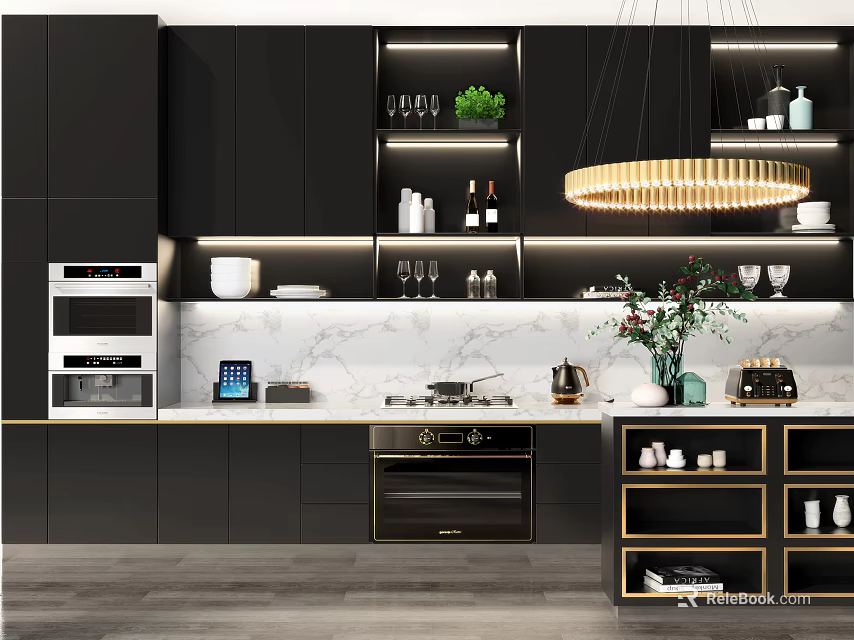 Modern Kitchen Interior With Black Cabinets Gold Accents Marble Countertop And Hanging Chandelier 3d model 