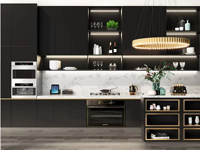 Modern Kitchen Interior With Black Cabinets Gold Accents Marble Countertop And Hanging Chandelier 3d model