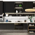 Modern Kitchen Interior With Black Cabinets Gold Accents Marble Countertop And Hanging Chandelier