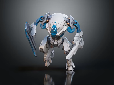 Smart Robot Featuring Blue And White Mechanical Body With Shield And Blade In Dynamic Pose 3d model