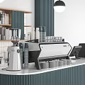Modern Bar Counter With Teal Cabinets White Tiled Backsplash Coffee Machine And Pastry