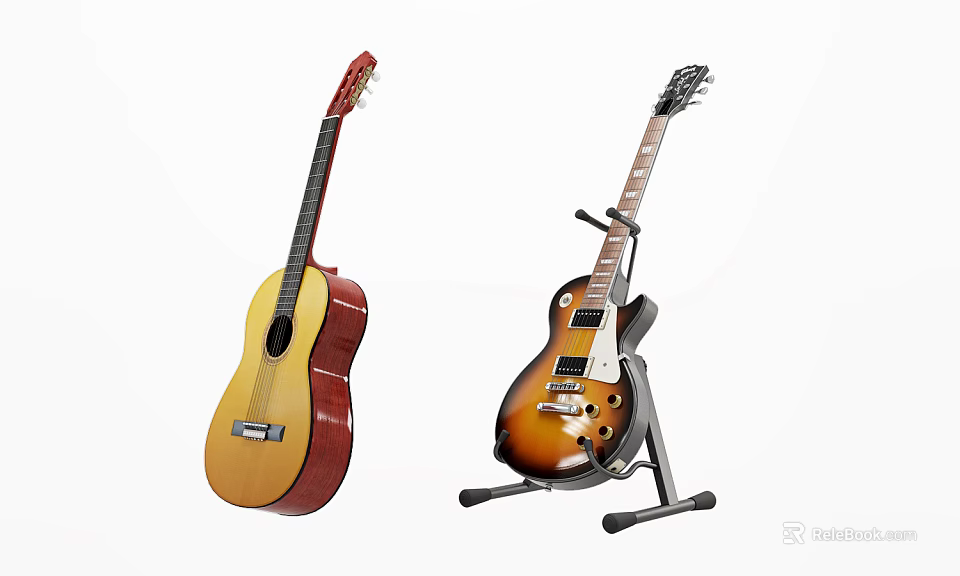 Classical Acoustic And Electric Guitars Musical Instruments On Stand 3d model 