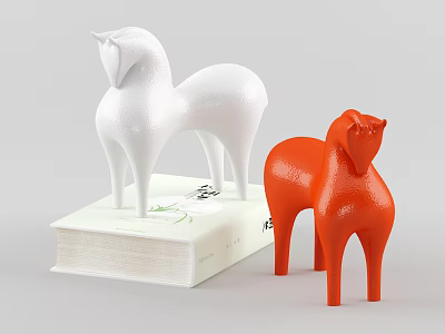 Modern Decorative White and Orange Horse Figurine Ornament Set on Book 3d model
