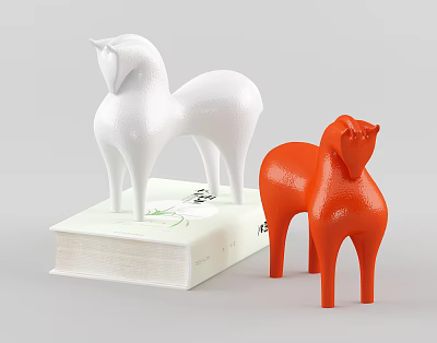 Modern Decorative White and Orange Horse Figurine Ornament Set on Book 3d model