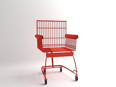 Red Shopping Cart Transformed Into Unique Chair With Metal Frame And Wheels 3d model