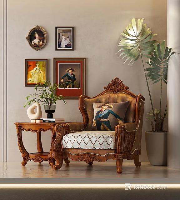 Vintage Carved Armchair With Decorative Cushion Framed Paintings Side Table And Green Plant 3d model 