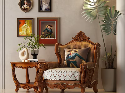 Vintage Carved Armchair With Decorative Cushion Framed Paintings Side Table And Green Plant 3d model
