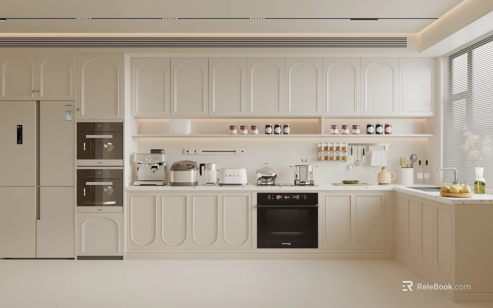 Modern Kitchen Interior With White Cabinets Embedded Oven And Coffee Machine On Countertop 3d model 