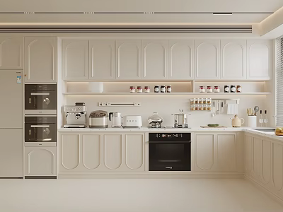 Modern Kitchen Interior With White Cabinets Embedded Oven And Coffee Machine On Countertop 3d model