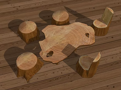Root Carving Tea Table with Natural Texture and Stump Stools on Wooden Floor 3d model