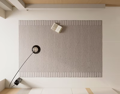 Neutral Textured Square Rug On Living Room Floor With Small Book And Decor Piece 3d model