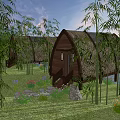 Tranquil Waterfront Bungalows With Thatched Roofs Green Hills And Sunset Sky