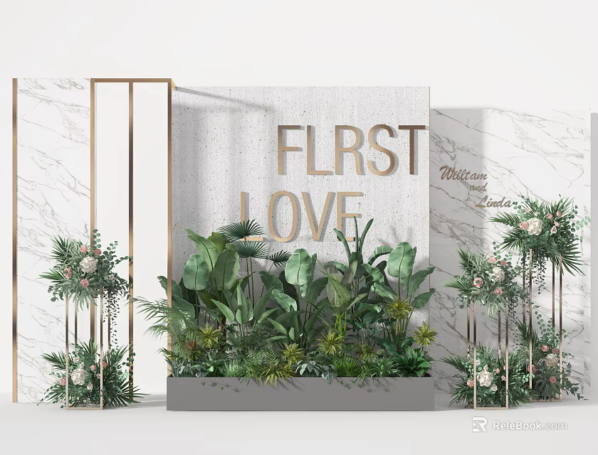 First Love Themed Wedding Decor With Marble Backdrop Green Plants And Gold Frame 3d model 