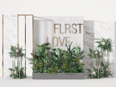 First Love Themed Wedding Decor With Marble Backdrop Green Plants And Gold Frame 3d model