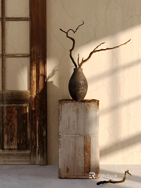 Vintage Decorative Ornament Set with Dried Branches Vase on Old White Wooden Box and Cracked Wall 3d model 