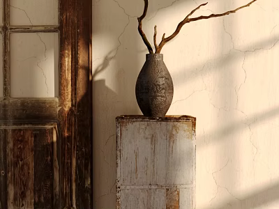 Vintage Decorative Ornament Set with Dried Branches Vase on Old White Wooden Box and Cracked Wall 3d model