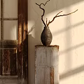 Vintage Decorative Ornament Set with Dried Branches Vase on Old White Wooden Box and Cracked Wall