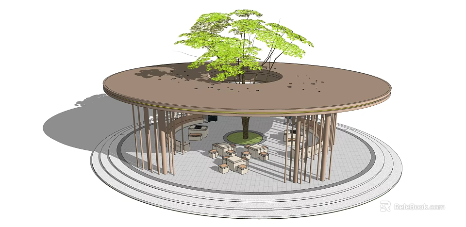 Round Roof Pergola with Central Large Tree Tables Chairs and Wooden Pillars 3d model 