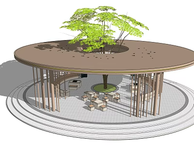 Round Roof Pergola with Central Large Tree Tables Chairs and Wooden Pillars 3d model