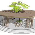 Round Roof Pergola with Central Large Tree Tables Chairs and Wooden Pillars