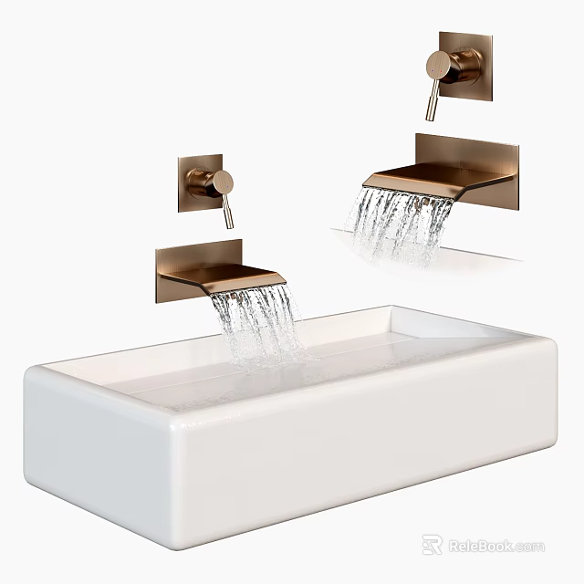 Modern White Countertop Sink With Wall Mounted Faucet And Water Flow 3d model 