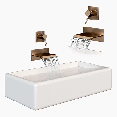 Modern White Countertop Sink With Wall Mounted Faucet And Water Flow 3d model