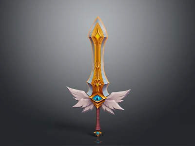 Fantasy Golden Sword With Wing Shaped Decorations And Gemstone Hilt 3d model