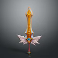 Fantasy Golden Sword With Wing Shaped Decorations And Gemstone Hilt