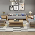 Cozy Modern Living Room With Solid Wood Fabric Sofa Set Stylish Coffee Table And Rug
