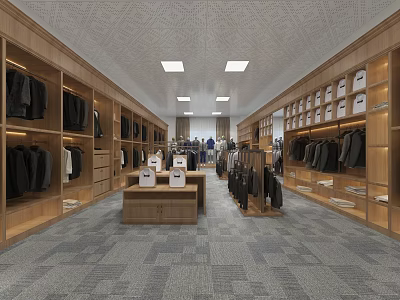 Modern Clothing Store Interior With Wooden Shelves Hanging Clothes Display Tables And Ceiling Lights 3d model