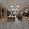 Modern Clothing Store Interior With Wooden Shelves Hanging Clothes Display Tables And Ceiling Lights
