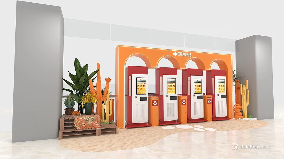 Modern Vending Machines in Orange Arch Indoor Space With Green Plants and Cactus 3d model 