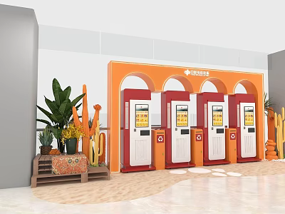 Modern Vending Machines in Orange Arch Indoor Space With Green Plants and Cactus 3d model