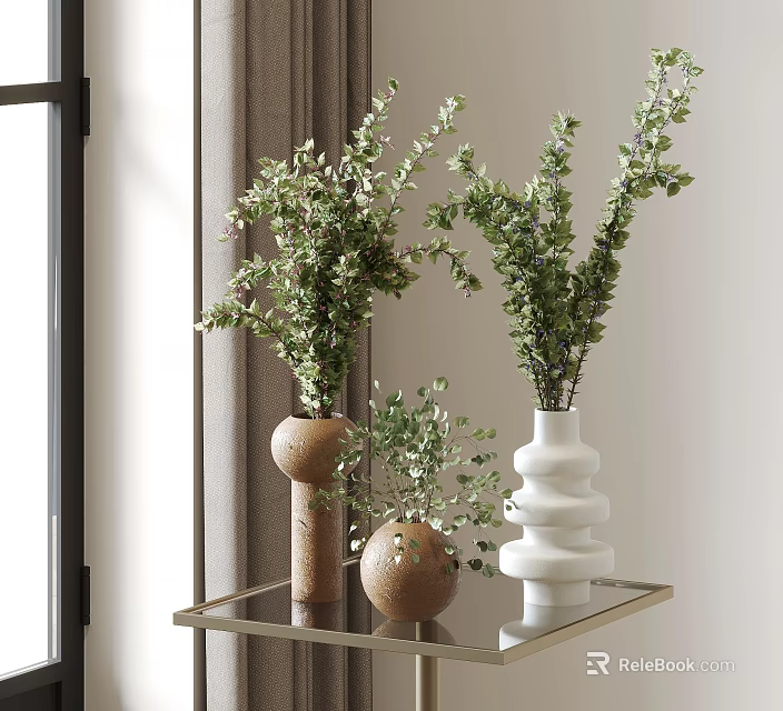 Brown Cylindrical Spherical And White Stacked Vases With Green Foliage On Glass Table 3d model 