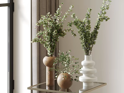Brown Cylindrical Spherical And White Stacked Vases With Green Foliage On Glass Table 3d model