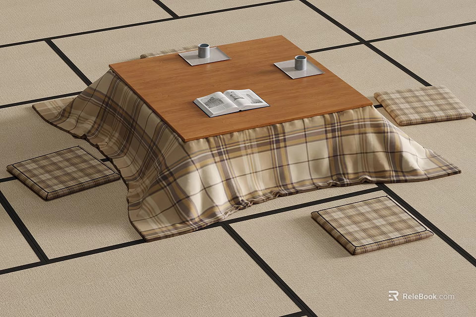 Japanese Style Low Table With Plaid Tablecloth Magazine Cups And Cushions 3d model 