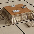 Japanese Style Low Table With Plaid Tablecloth Magazine Cups And Cushions