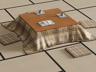 Japanese Style Low Table With Plaid Tablecloth Magazine Cups And Cushions 3d model