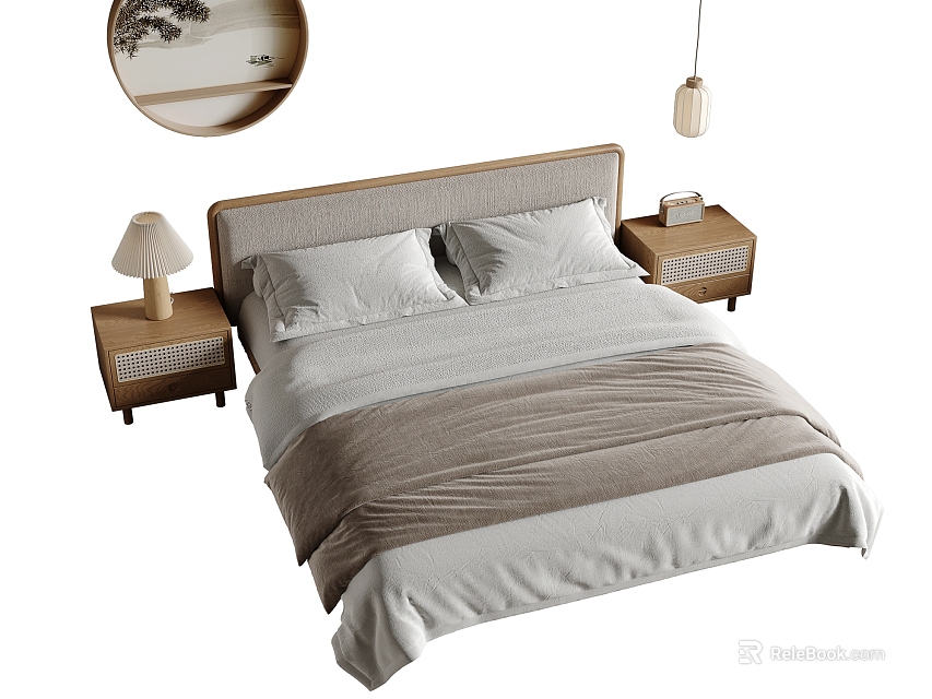 Double Bed with Upholstered Headboard Wooden Nightstands and Table Lamps in Modern Bedroom Setting 3d model 