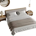 Double Bed with Upholstered Headboard Wooden Nightstands and Table Lamps in Modern Bedroom Setting